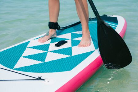 Woman's feet on a stand-up paddl;e board